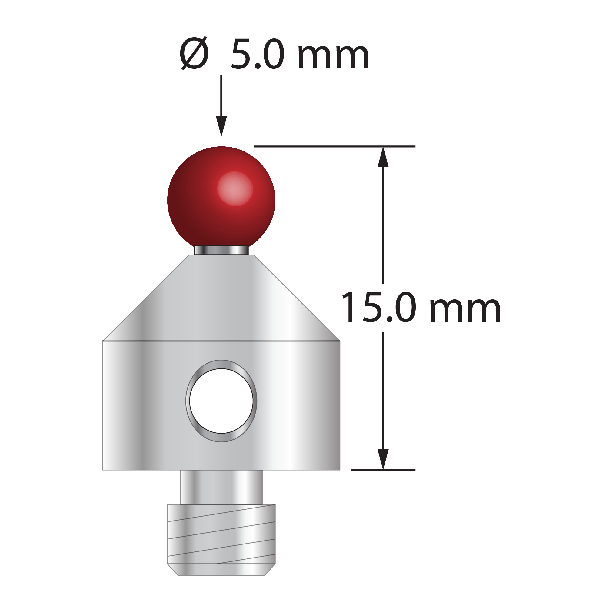 M5 stylus with 5.0 mm diameter ruby ball, 2.5 mm diameter carbide stem, and 11.0 mm diameter x 10.0 mm long stainless steel base. Overall stylus length is 15.0 mm. Stylus weight is 6.35 grams.