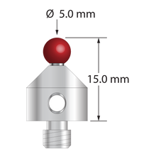 M5 stylus with 5.0 mm diameter ruby ball, 2.5 mm diameter carbide stem, and 11.0 mm diameter x 10.0 mm long stainless steel base. Overall stylus length is 15.0 mm. Stylus weight is 6.35 grams.