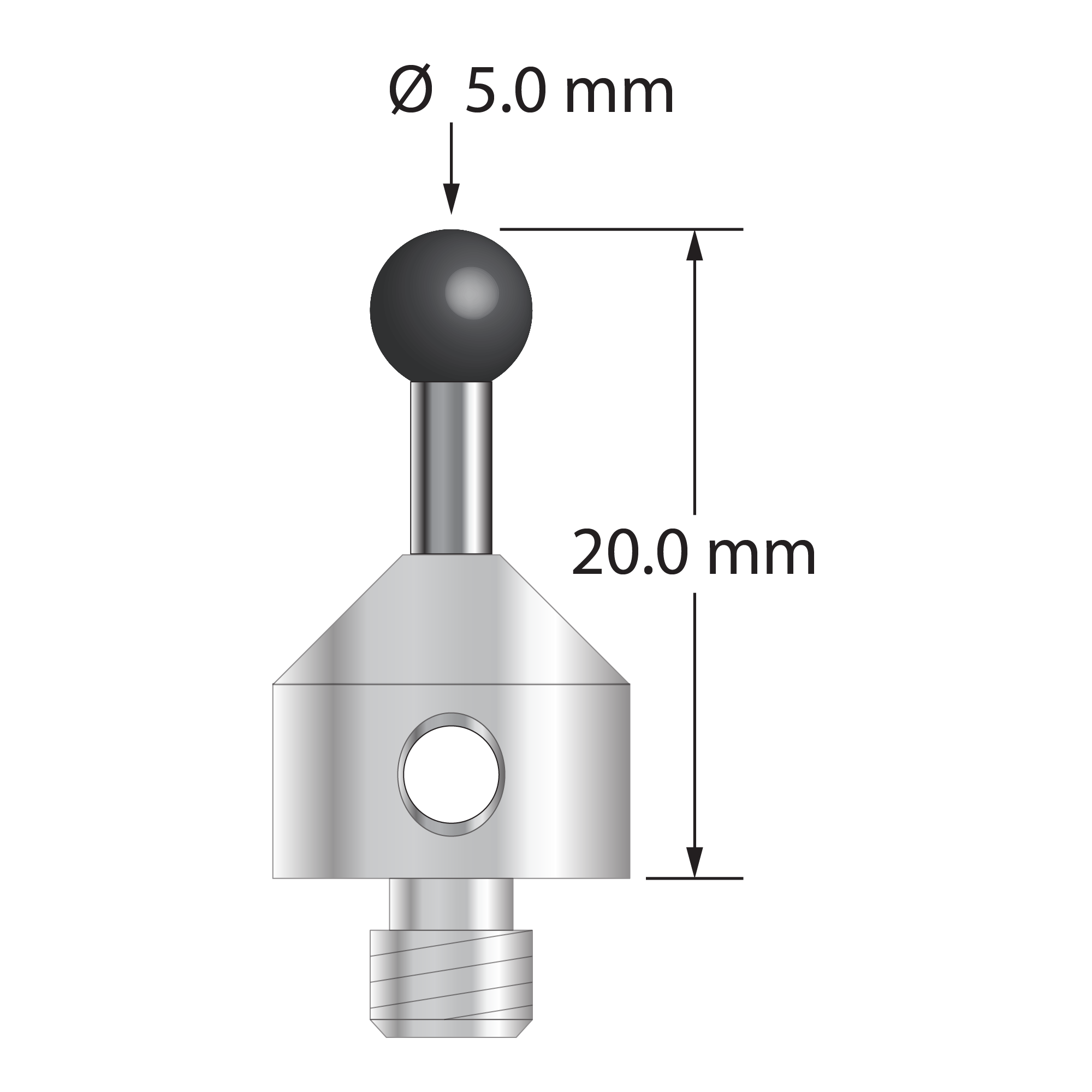 M5 stylus with 5.0 mm diameter silicon nitride ball, 2.5 mm diameter carbide stem, and 11.0 mm diameter x 10.0 mm long stainless steel base. Overall stylus length is 20.0 mm. Stylus weight is 6.69 grams.