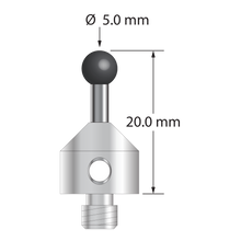 M5 stylus with 5.0 mm diameter silicon nitride ball, 2.5 mm diameter carbide stem, and 11.0 mm diameter x 10.0 mm long stainless steel base. Overall stylus length is 20.0 mm. Stylus weight is 6.69 grams.