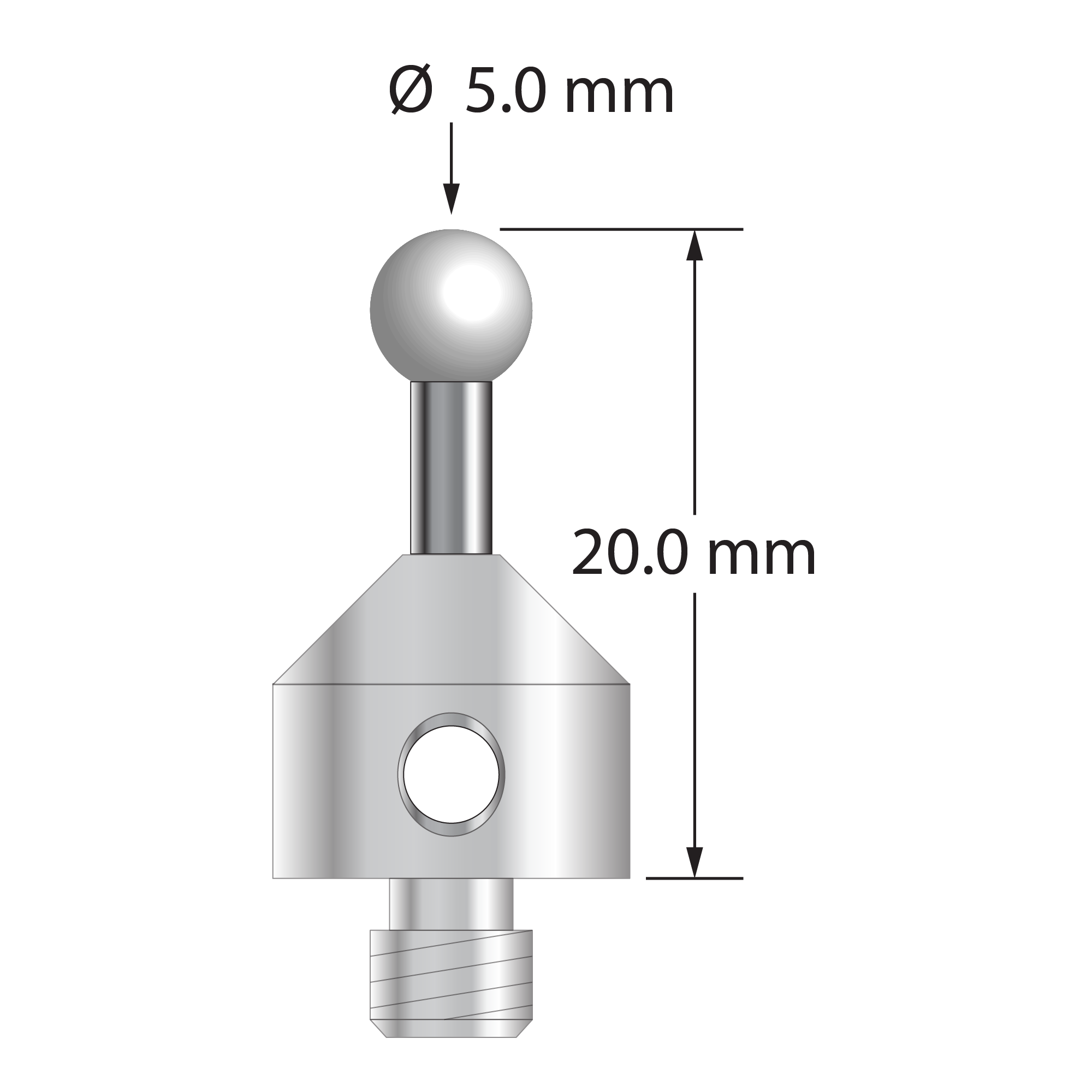 M5 stylus with 5.0 mm diameter zirconia ball, 2.5 mm diameter carbide stem, and 11.0 mm diameter x 10.0 mm long stainless steel base. Overall stylus length is 20.0 mm. Stylus weight is 6.69 grams.