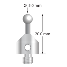 M5 stylus with 5.0 mm diameter zirconia ball, 2.5 mm diameter carbide stem, and 11.0 mm diameter x 10.0 mm long stainless steel base. Overall stylus length is 20.0 mm. Stylus weight is 6.69 grams.