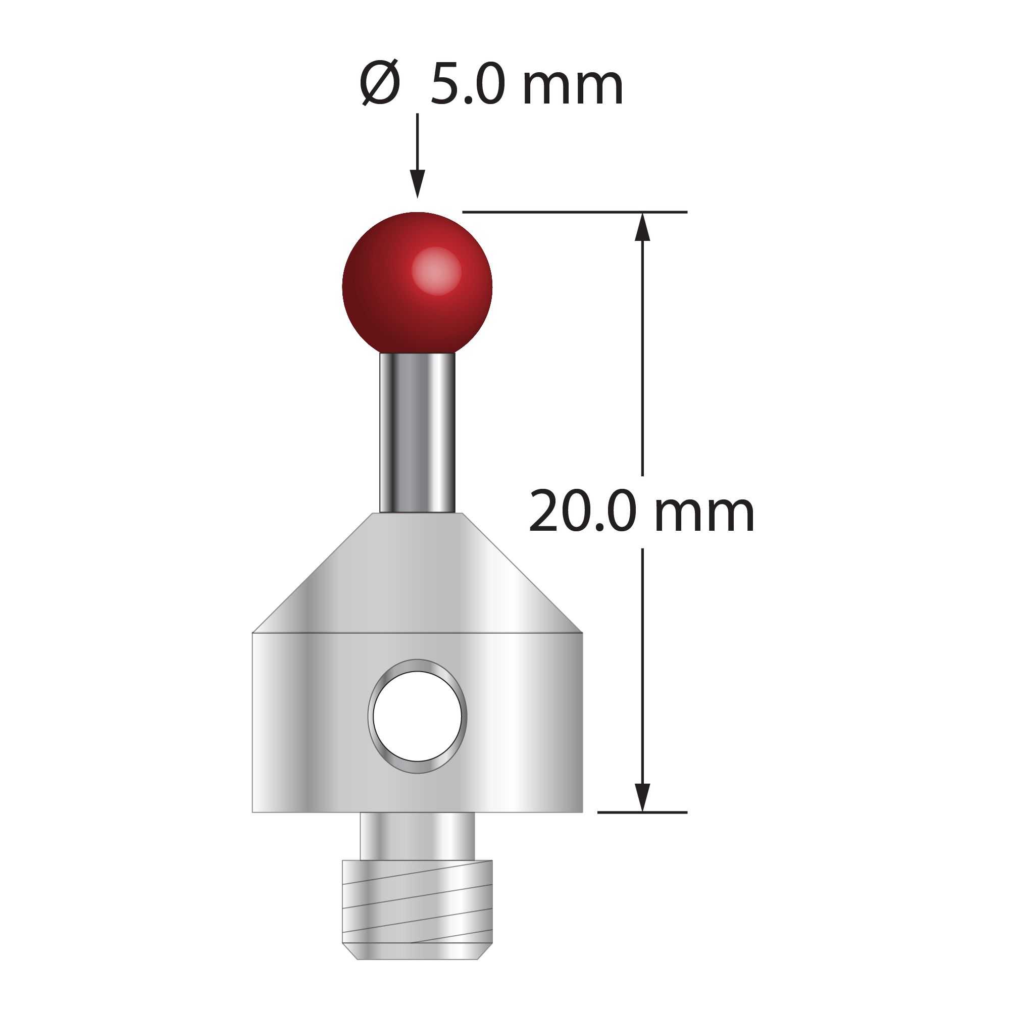 M5 stylus with 5.0 mm diameter ruby ball, 2.5 mm diameter carbide stem, and 11.0 mm diameter x 10.0 mm long stainless steel base. Overall stylus length is 20.0 mm. Stylus weight is 6.69 grams.