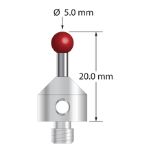 M5 stylus with 5.0 mm diameter ruby ball, 2.5 mm diameter carbide stem, and 11.0 mm diameter x 10.0 mm long stainless steel base. Overall stylus length is 20.0 mm. Stylus weight is 6.69 grams.