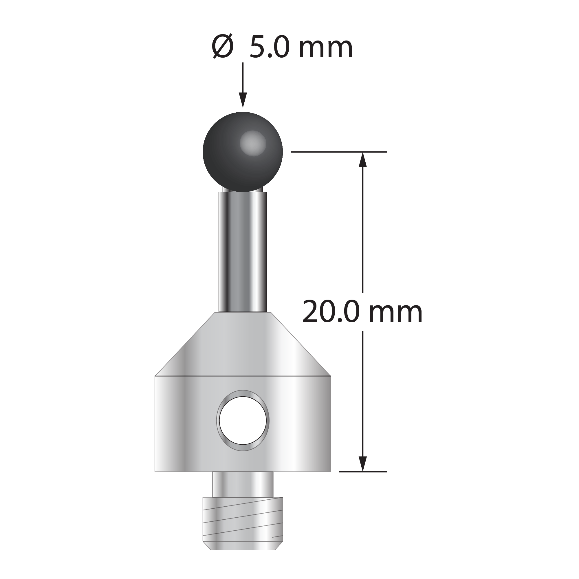 M5 stylus with 5.0 mm diameter silicon nitride ball, 3.0 mm diameter carbide stem, and 11.0 mm diameter x 10.0 mm long stainless steel base. Stylus length to ball center is 20.0 mm. Stylus weight is 6.86 grams.