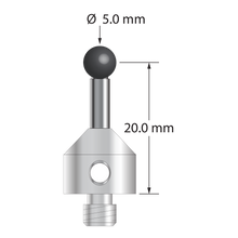 M5 stylus with 5.0 mm diameter silicon nitride ball, 3.0 mm diameter carbide stem, and 11.0 mm diameter x 10.0 mm long stainless steel base. Stylus length to ball center is 20.0 mm. Stylus weight is 6.86 grams.