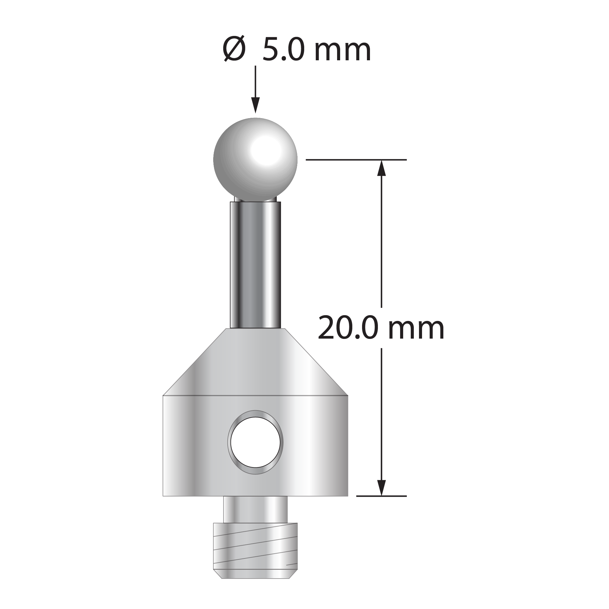 M5 stylus with 5.0 mm diameter zirconia ball, 3.0 mm diameter carbide stem, and 11.0 mm diameter x 10.0 mm long stainless steel base. Stylus length to ball center is 20.0 mm. Stylus weight is 6.86 grams.