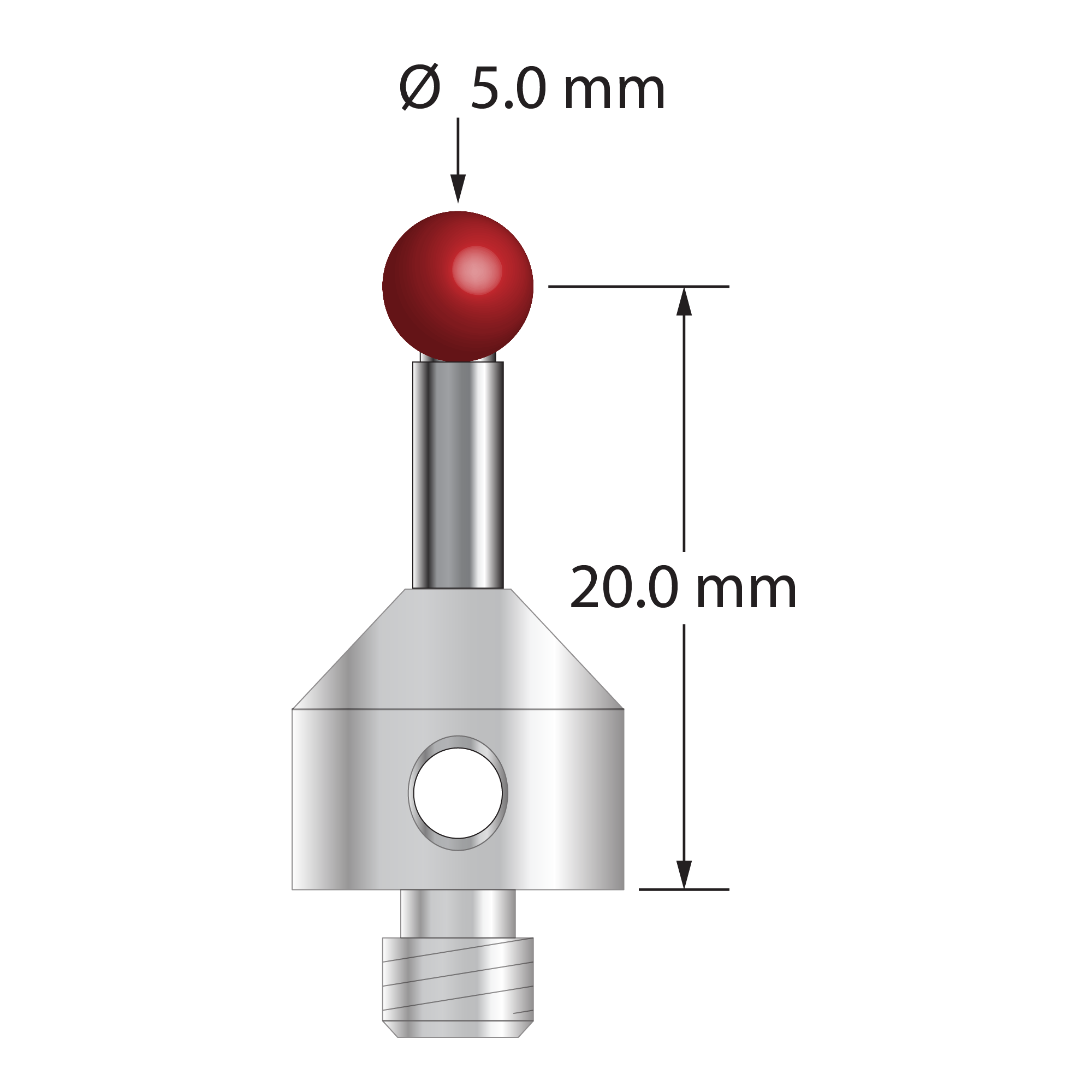 M5 stylus with 5.0 mm diameter ruby ball, 3.0 mm diameter carbide stem, and 11.0 mm diameter x 10.0 mm long stainless steel base. Stylus length to ball center is 20.0 mm. Stylus weight is 6.86 grams. Compare to Renishaw A-5003-5210.