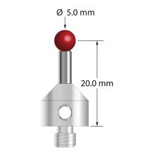 M5 stylus with 5.0 mm diameter ruby ball, 3.0 mm diameter carbide stem, and 11.0 mm diameter x 10.0 mm long stainless steel base. Stylus length to ball center is 20.0 mm. Stylus weight is 6.86 grams. Compare to Renishaw A-5003-5210.