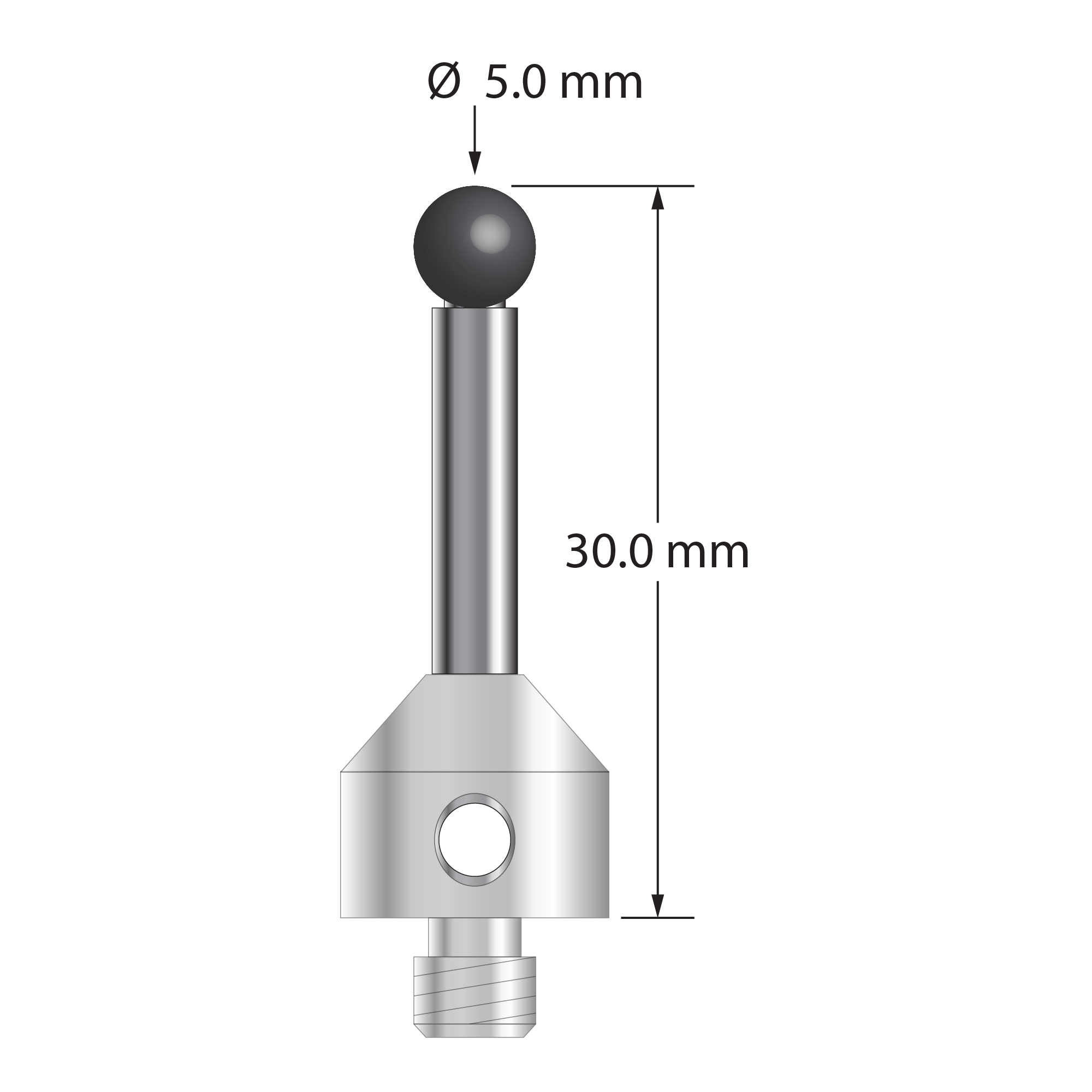 M5 stylus with 5.0 mm diameter silicon nitride ball, 3.5 mm diameter carbide stem, and 11.0 mm diameter x 10.0 mm long stainless steel base. Overall stylus length is 30.0 mm. Stylus weight is 8.89 grams. Compare to Zeiss 626115-0501-030.