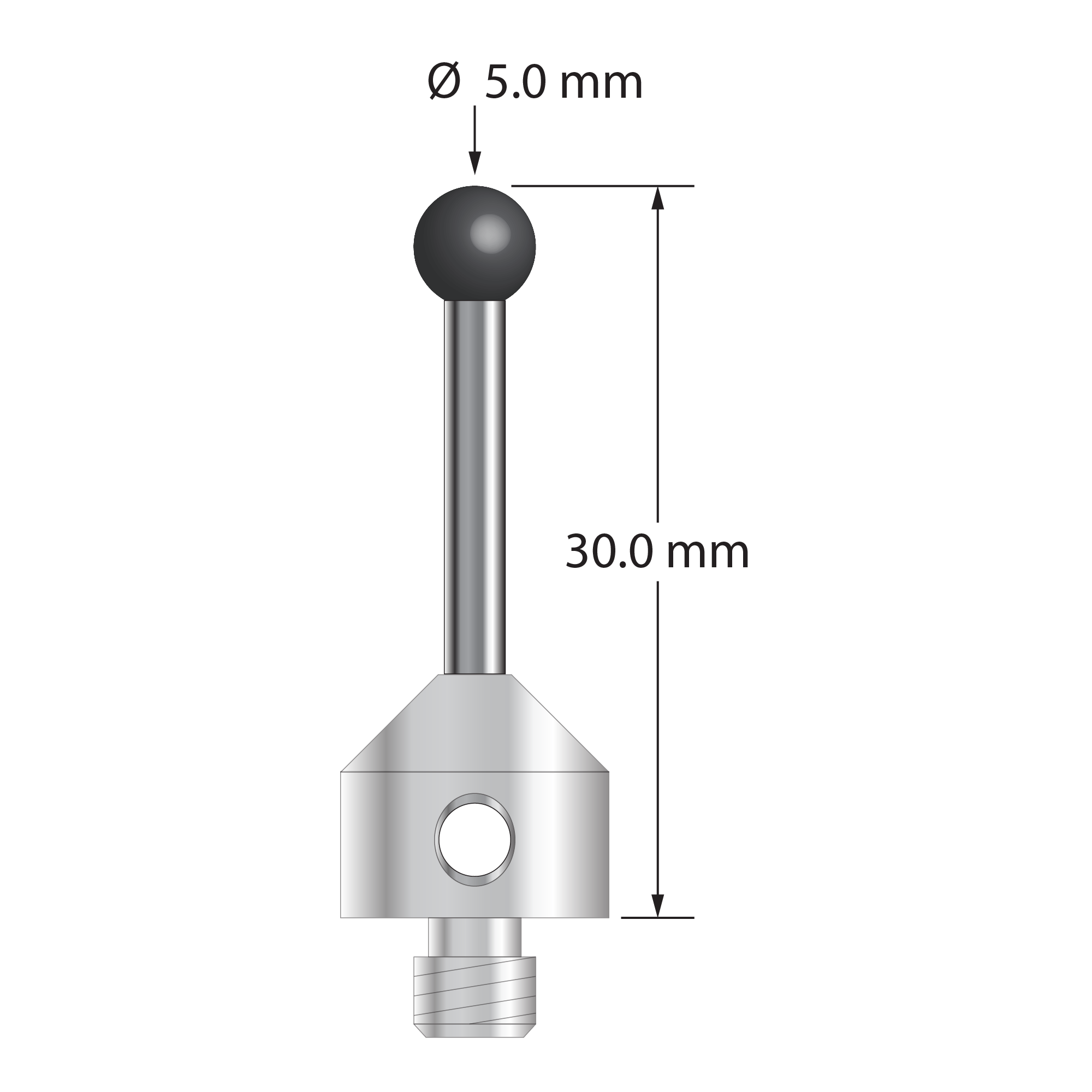 M5 stylus with 5.0 mm diameter silicon nitride ball, 2.5 mm diameter carbide stem, and 11.0 mm diameter x 10.0 mm long stainless steel base. Overall stylus length is 30.0 mm. Stylus weight is 7.37 grams.