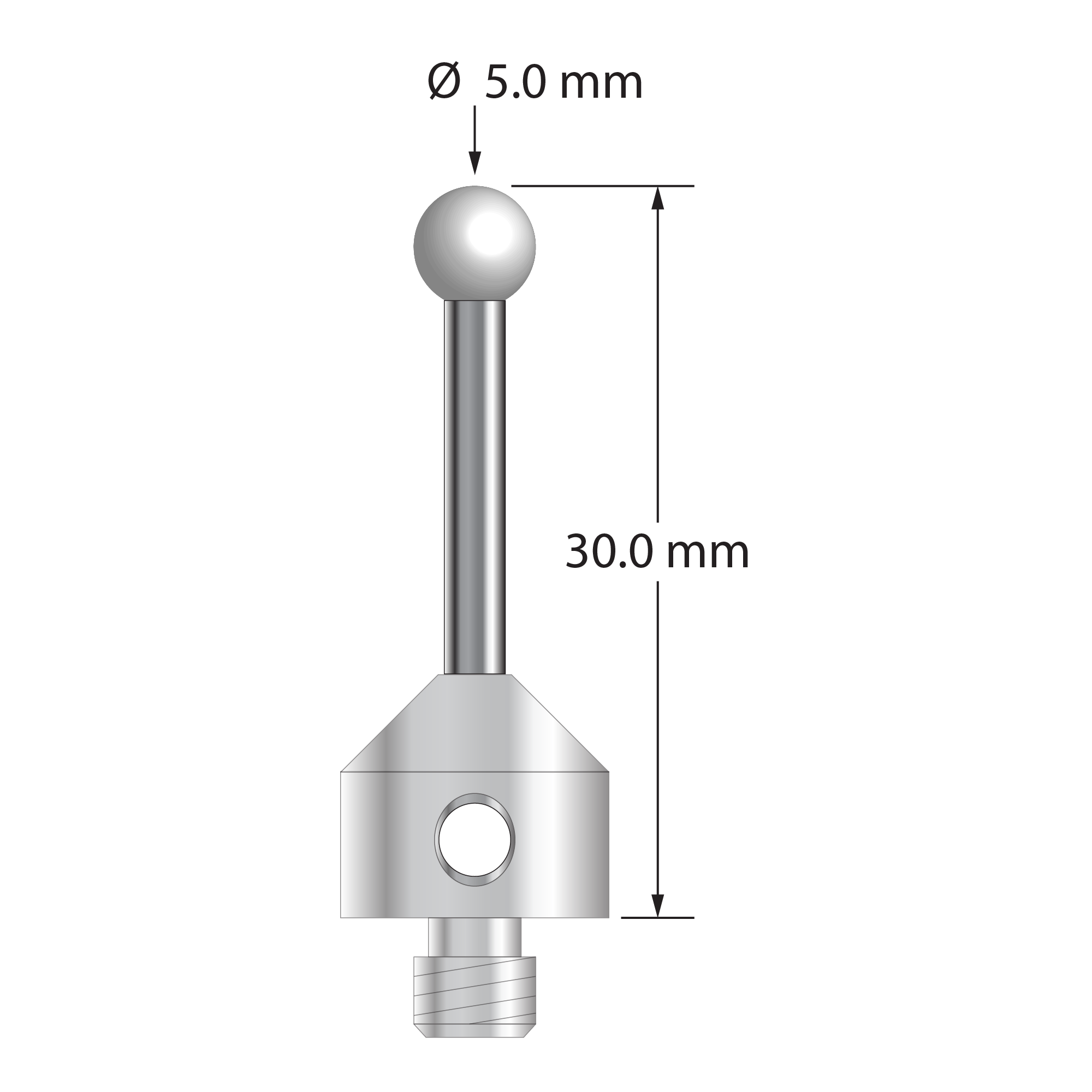 M5 stylus with 5.0 mm diameter zirconia ball, 2.5 mm diameter carbide stem, and 11.0 mm diameter x 10.0 mm long stainless steel base. Overall stylus length is 30.0 mm. Stylus weight is 7.37 grams.