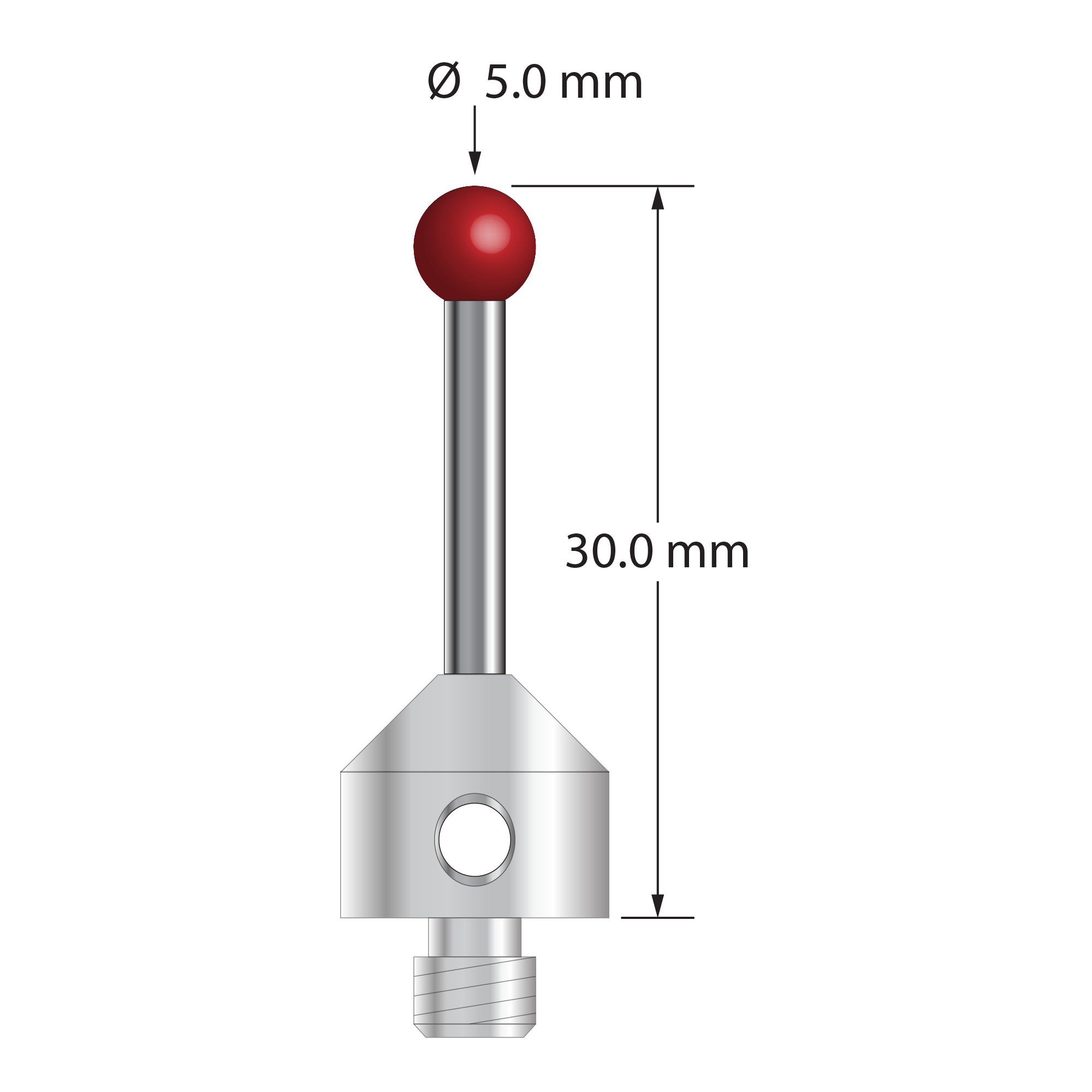 M5 stylus with 5.0 mm diameter ruby ball, 2.5 mm diameter carbide stem, and 11.0 mm diameter x 10.0 mm long stainless steel base. Overall stylus length is 30.0 mm. Stylus weight is 7.37 grams.