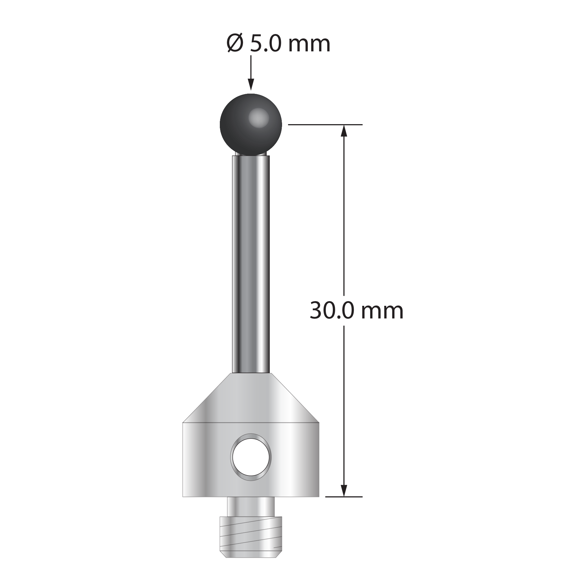 M5 stylus with 5.0 mm diameter silicon nitride ball, 3.0 mm diameter carbide stem, and 11.0 mm diameter x 10.0 mm long stainless steel base. Stylus length to ball center is 30.0 mm. Stylus weight is 6.88 grams.