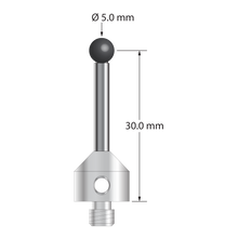 M5 stylus with 5.0 mm diameter silicon nitride ball, 3.0 mm diameter carbide stem, and 11.0 mm diameter x 10.0 mm long stainless steel base. Stylus length to ball center is 30.0 mm. Stylus weight is 6.88 grams.