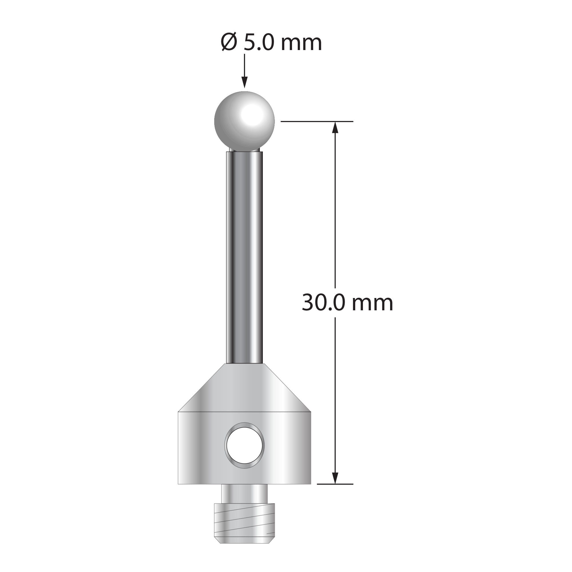 M5 stylus with 5.0 mm diameter zirconia ball, 3.0 mm diameter carbide stem, and 11.0 mm diameter x 10.0 mm long stainless steel base. Stylus length to ball center is 30.0 mm. Stylus weight is 6.88 grams.