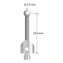 M5 stylus with 5.0 mm diameter zirconia ball, 3.0 mm diameter carbide stem, and 11.0 mm diameter x 10.0 mm long stainless steel base. Stylus length to ball center is 30.0 mm. Stylus weight is 6.88 grams.