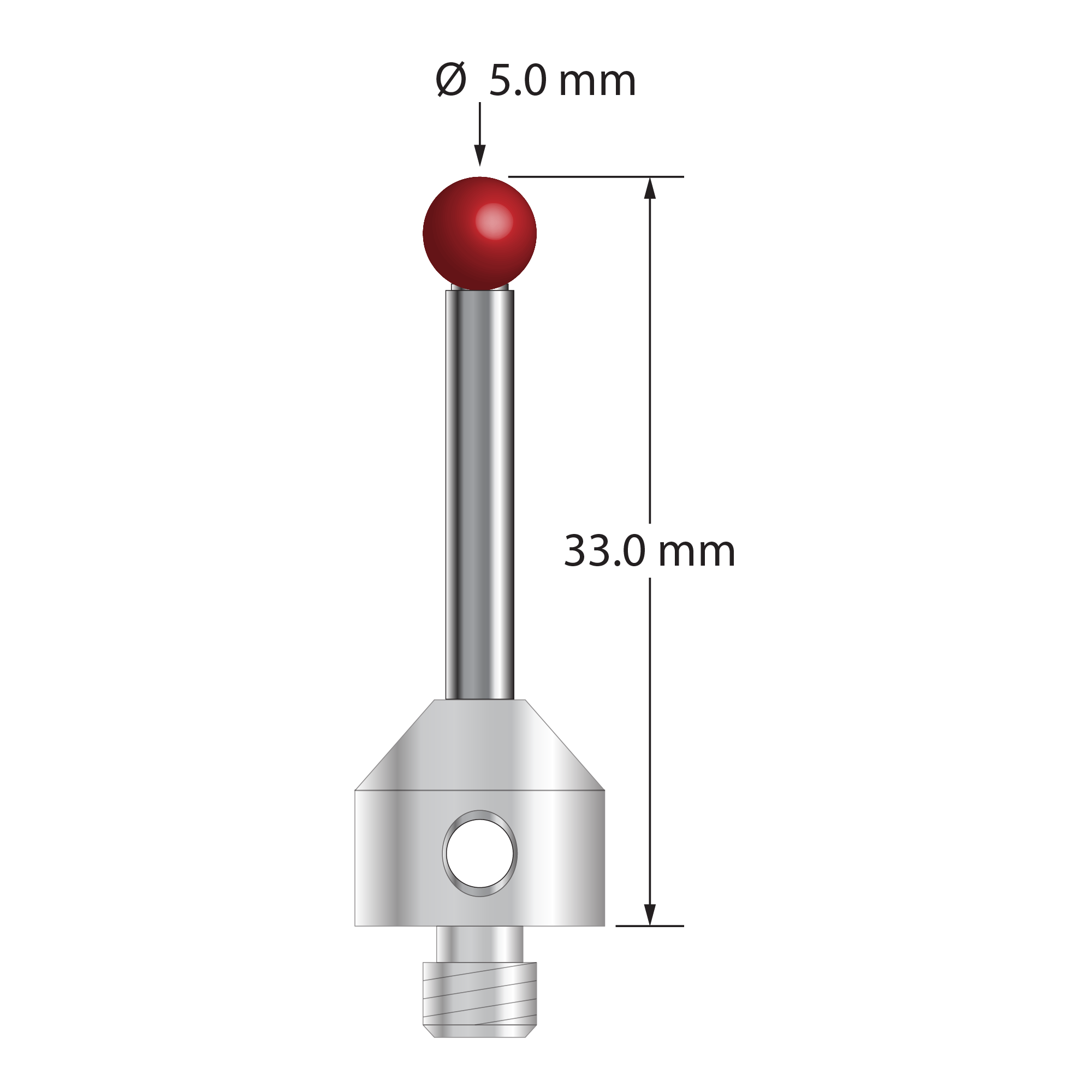 M5 stylus with 5.0 mm diameter ruby ball, 3.0 mm diameter carbide stem, and 11.0 mm diameter x 10.0 mm long stainless steel base. Overall stylus length is 33.0 mm. Stylus weight is 7.73 grams. Compare to Zeiss 626105-0500-033.