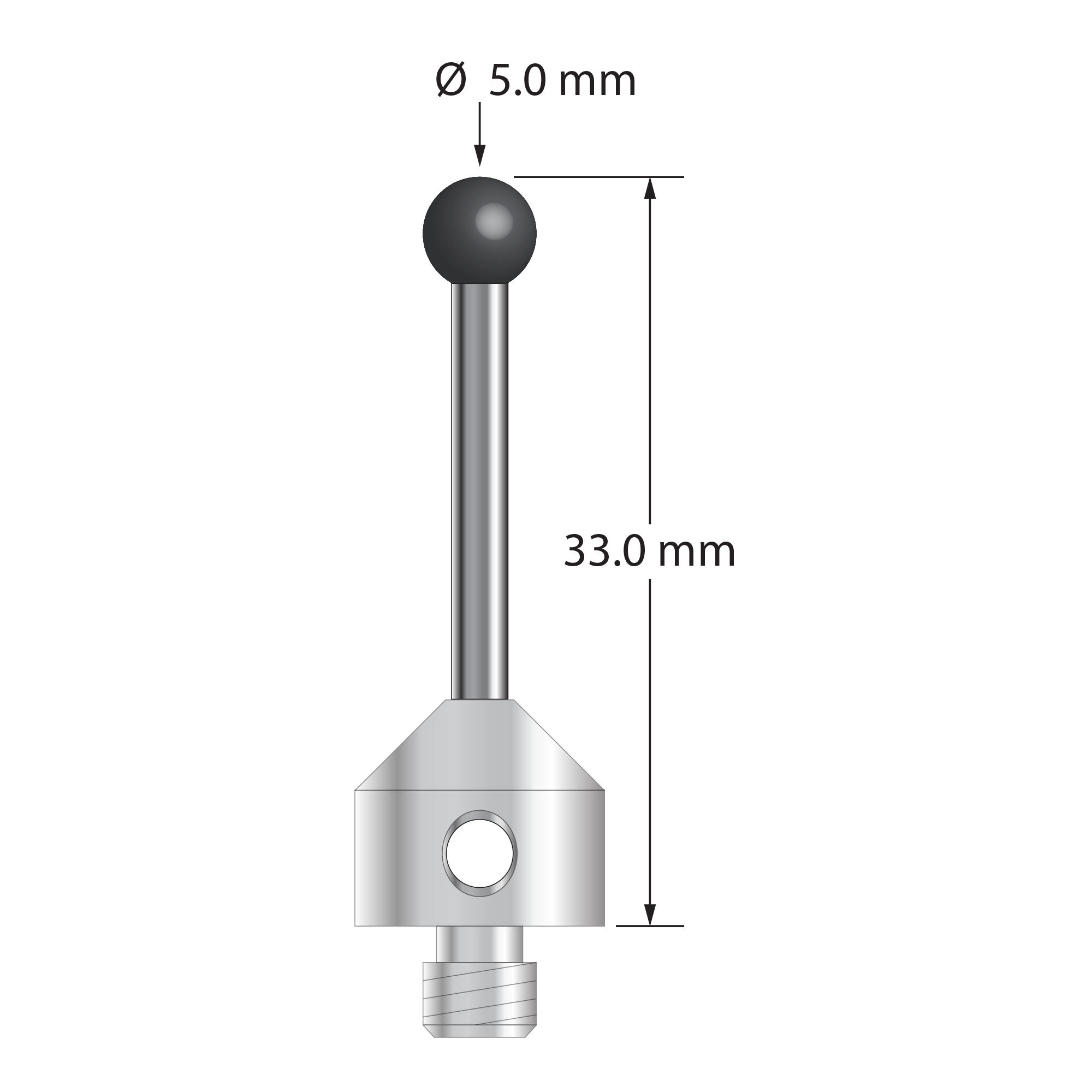 M5 stylus with 5.0 mm diameter silicon nitride ball, 2.5 mm diameter carbide stem, and 11.0 mm diameter x 10.0 mm long stainless steel base. Overall stylus length is 33.0 mm. Stylus weight is 7.57 grams.