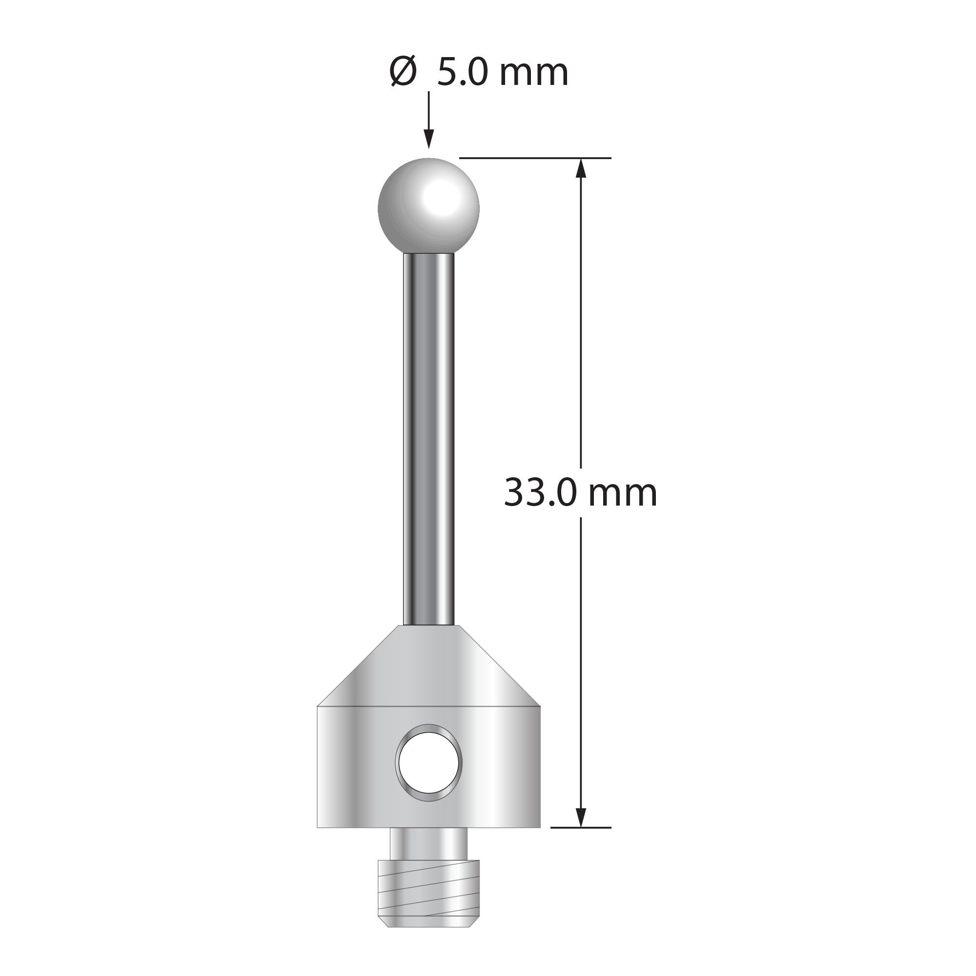 M5 stylus with 5.0 mm diameter zirconia ball, 2.5 mm diameter carbide stem, and 11.0 mm diameter x 10.0 mm long stainless steel base. Overall stylus length is 33.0 mm. Stylus weight is 7.57 grams.