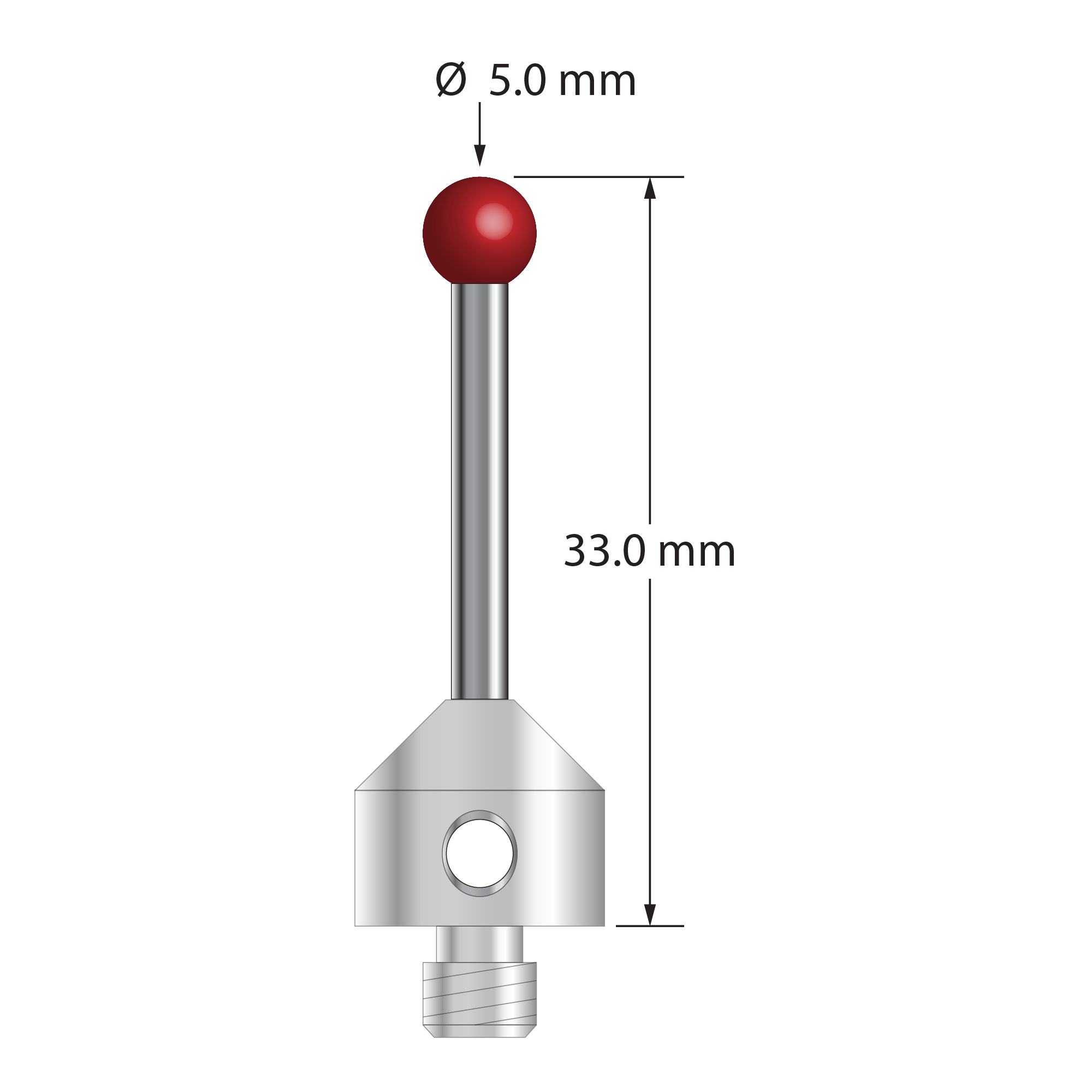 M5 stylus with 5.0 mm diameter ruby ball, 2.5 mm diameter carbide stem, and 11.0 mm diameter x 10.0 mm long stainless steel base. Overall stylus length is 33.0 mm. Stylus weight is 7.57 grams.