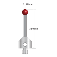 M5 stylus with 5.0 mm diameter ruby ball, 2.5 mm diameter carbide stem, and 11.0 mm diameter x 10.0 mm long stainless steel base. Overall stylus length is 33.0 mm. Stylus weight is 7.57 grams.