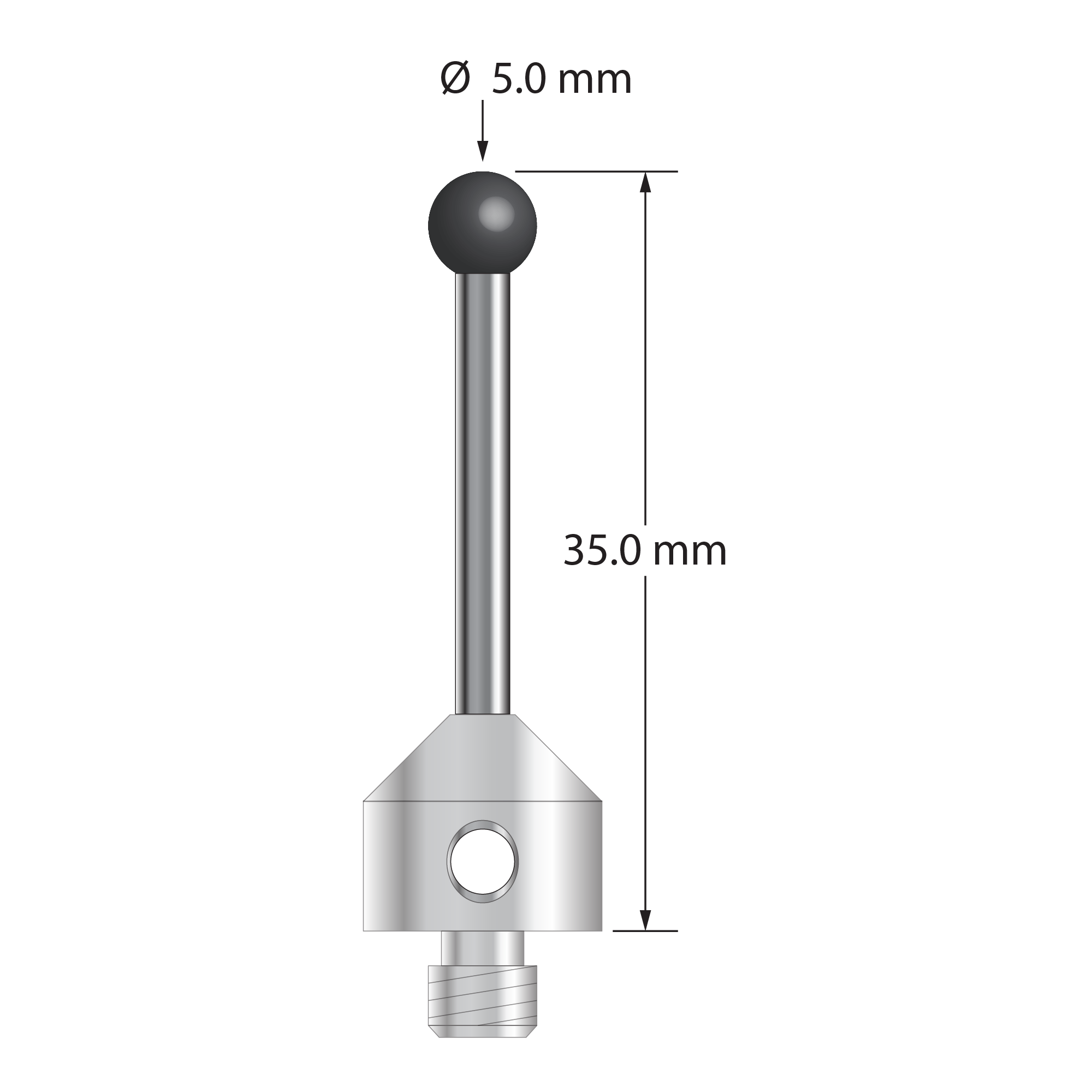 M5 stylus with 5.0 mm diameter silicon nitride ball, 2.5 mm diameter carbide stem, and 11.0 mm diameter x 10.0 mm long stainless steel base. Overall stylus length is 35.0 mm. Stylus weight is 7.71 grams.