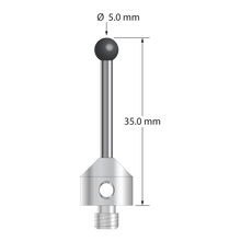 M5 stylus with 5.0 mm diameter silicon nitride ball, 2.5 mm diameter carbide stem, and 11.0 mm diameter x 10.0 mm long stainless steel base. Overall stylus length is 35.0 mm. Stylus weight is 7.71 grams.