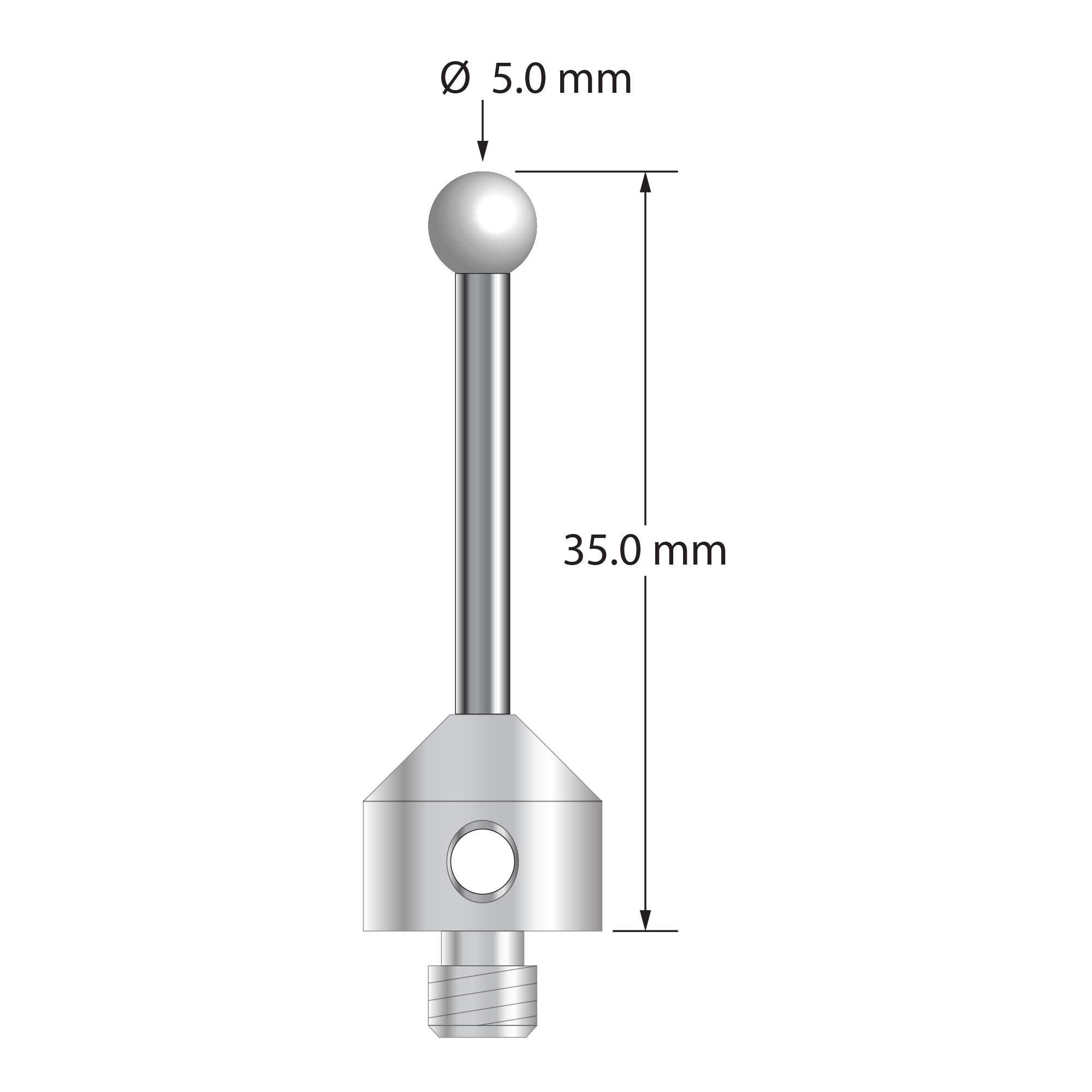 M5 stylus with 5.0 mm diameter zirconia ball, 2.5 mm diameter carbide stem, and 11.0 mm diameter x 10.0 mm long stainless steel base. Overall stylus length is 35.0 mm. Stylus weight is 7.71 grams.