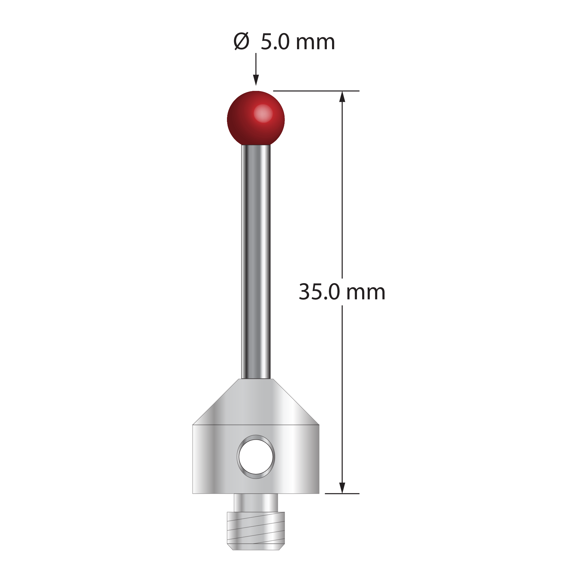 M5 stylus with 5.0 mm diameter ruby ball, 2.5 mm diameter carbide stem, and 11.0 mm diameter x 10.0 mm long stainless steel base. Overall stylus length is 35.0 mm. Stylus weight is 7.71 grams. Compare to Zeiss 626115-0502-035.