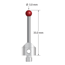 M5 stylus with 5.0 mm diameter ruby ball, 2.5 mm diameter carbide stem, and 11.0 mm diameter x 10.0 mm long stainless steel base. Overall stylus length is 35.0 mm. Stylus weight is 7.71 grams. Compare to Zeiss 626115-0502-035.