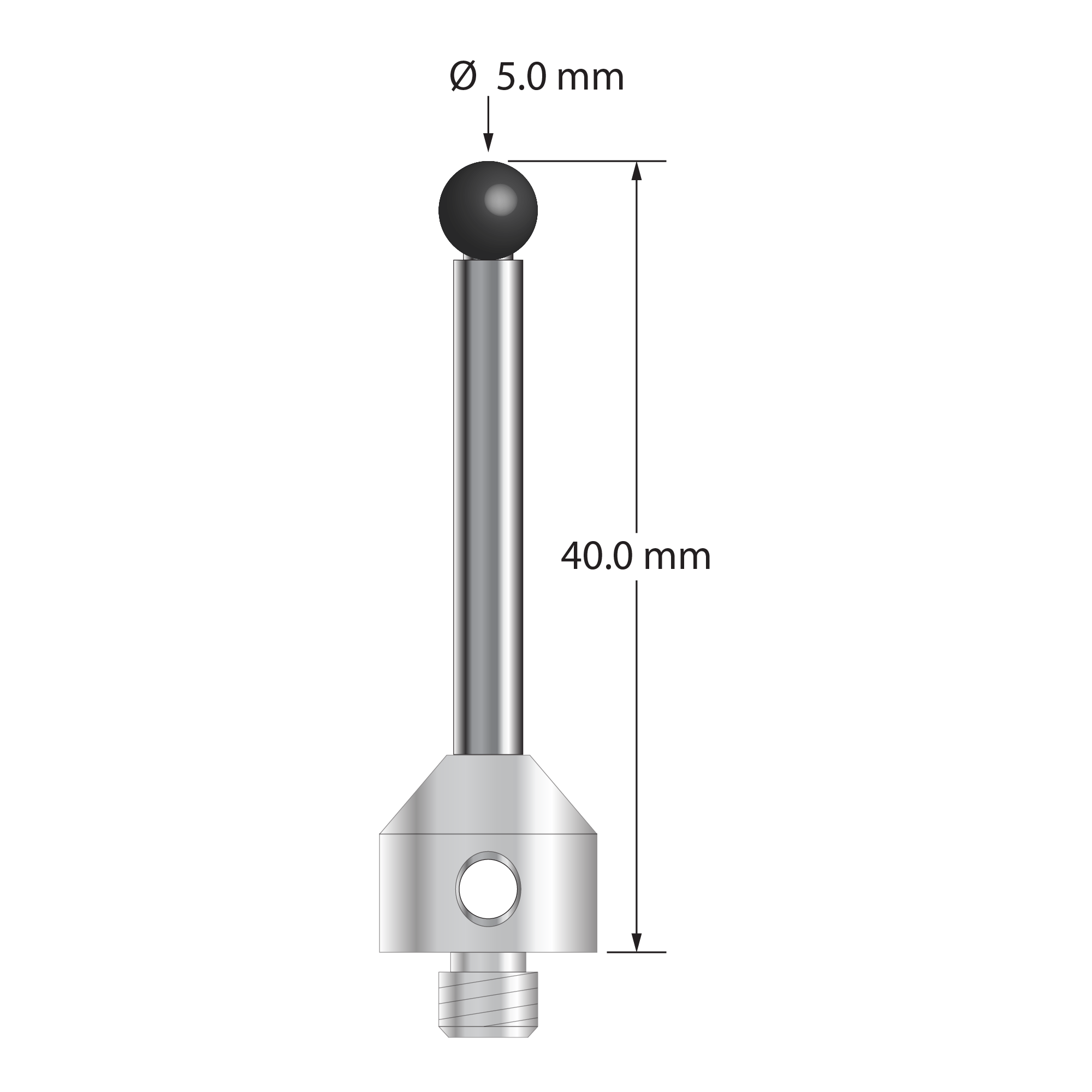 M5 stylus with 5.0 mm diameter silicon nitride ball, 3.5 mm diameter carbide stem, and 11.0 mm diameter x 10.0 mm long stainless steel base. Overall stylus length is 40.0 mm. Stylus weight is 9.65 grams. Compare to Zeiss 626115-0506-040.
