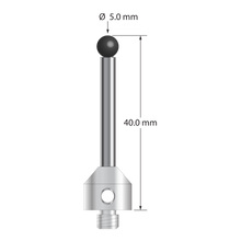 M5 stylus with 5.0 mm diameter silicon nitride ball, 3.5 mm diameter carbide stem, and 11.0 mm diameter x 10.0 mm long stainless steel base. Overall stylus length is 40.0 mm. Stylus weight is 9.65 grams. Compare to Zeiss 626115-0506-040.
