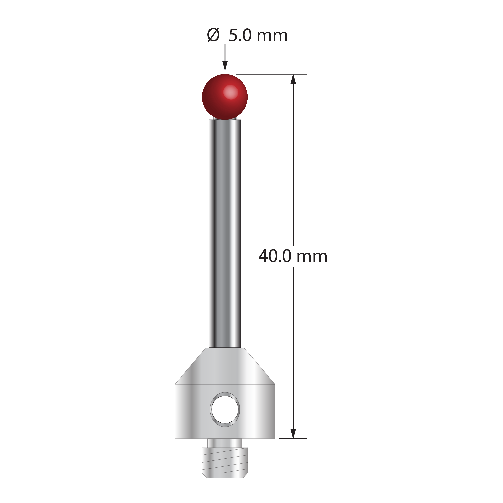 M5 stylus with 5.0 mm diameter ruby ball, 3.5 mm diameter carbide stem, and 11.0 mm diameter x 10.0 mm long stainless steel base. Overall stylus length is 40.0 mm. Stylus weight is 9.65 grams. Compare to Zeiss 626115-0500-040.