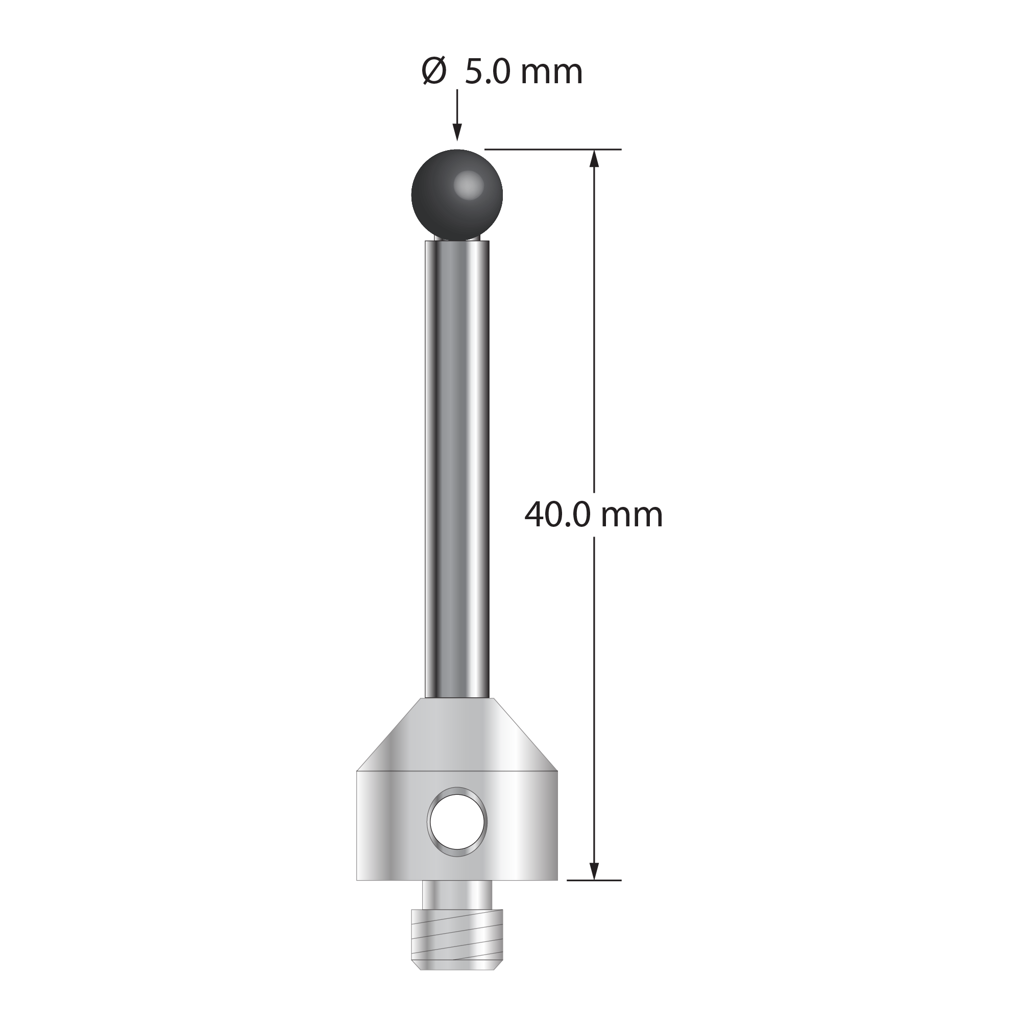 M5 stylus with 5.0 mm diameter silicon nitride ball, 2.5 mm diameter carbide stem, and 11.0 mm diameter x 10.0 mm long stainless steel base. Overall stylus length is 40.0 mm. Stylus weight is 8.05 grams.