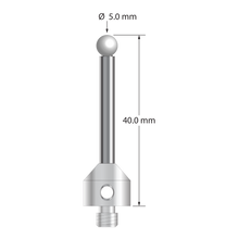 M5 stylus with 5.0 mm diameter zirconia ball, 2.5 mm diameter carbide stem, and 11.0 mm diameter x 10.0 mm long stainless steel base. Overall stylus length is 40.0 mm. Stylus weight is 8.05 grams.
