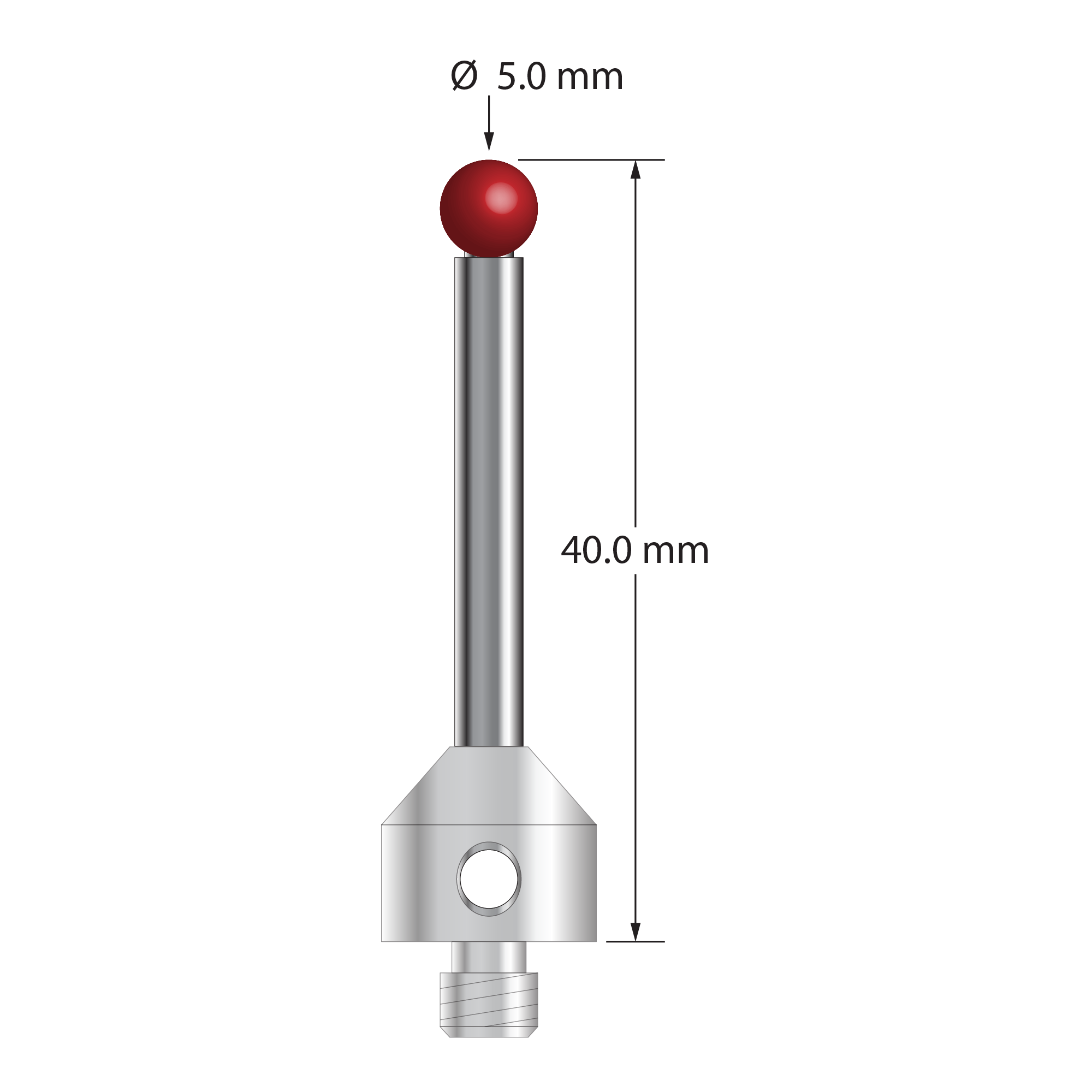 M5 stylus with 5.0 mm diameter ruby ball, 2.5 mm diameter carbide stem, and 11.0 mm diameter x 10.0 mm long stainless steel base. Overall stylus length is 40.0 mm. Stylus weight is 8.05 grams.