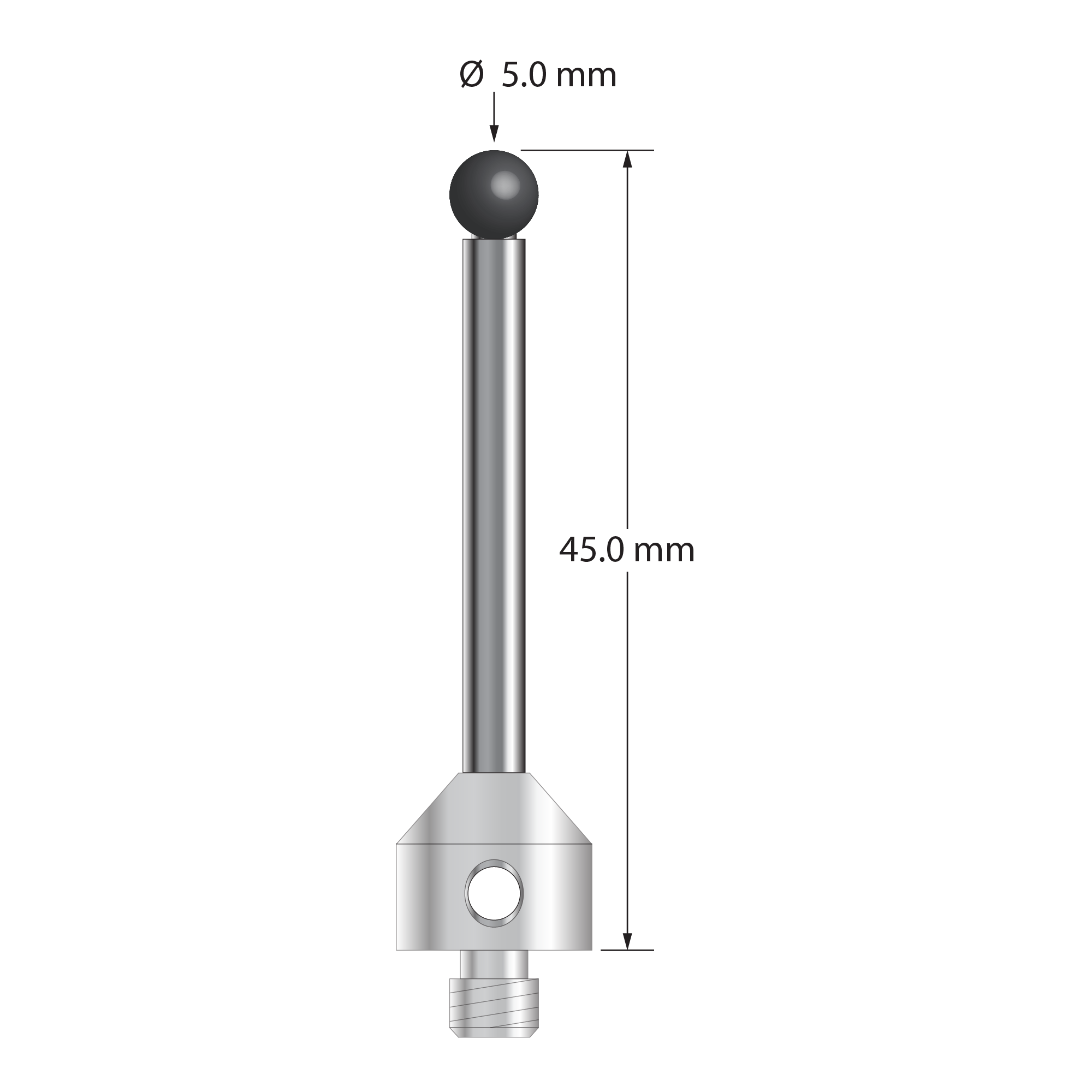 M5 stylus with 5.0 mm diameter silicon nitride ball, 3.5 mm diameter carbide stem, and 11.0 mm diameter x 10.0 mm long stainless steel base. Overall stylus length is 45.0 mm. Stylus weight is 10.48 grams. Compare to Zeiss 626105-0515-045.