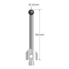 M5 stylus with 5.0 mm diameter silicon nitride ball, 3.5 mm diameter carbide stem, and 11.0 mm diameter x 10.0 mm long stainless steel base. Overall stylus length is 45.0 mm. Stylus weight is 10.48 grams. Compare to Zeiss 626105-0515-045.