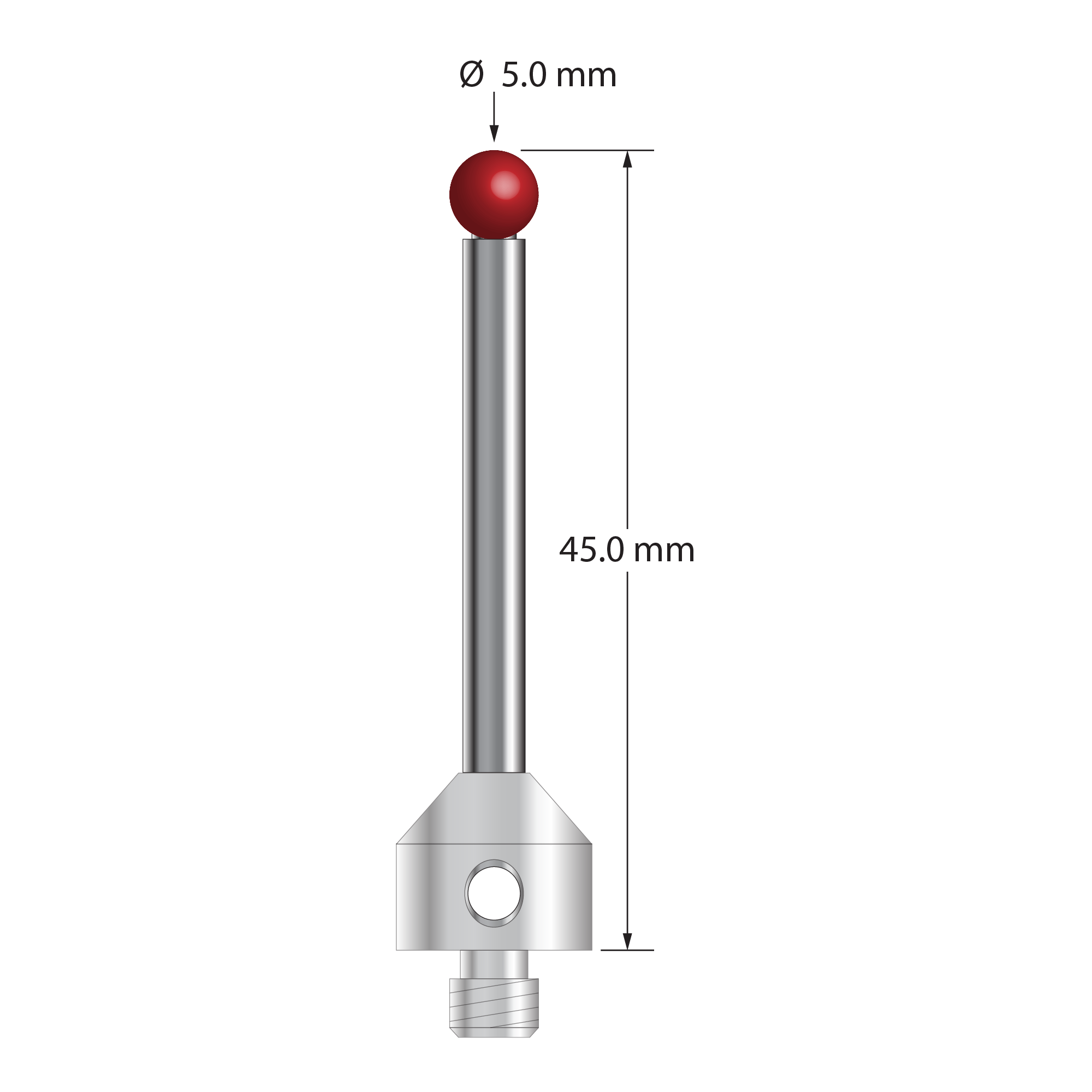 M5 stylus with 5.0 mm diameter ruby ball, 3.5 mm diameter carbide stem, and 11.0 mm diameter x 10.0 mm long stainless steel base. Overall stylus length is 45.0 mm. Stylus weight is 10.48 grams. Compare to Zeiss 626105-0584-045.