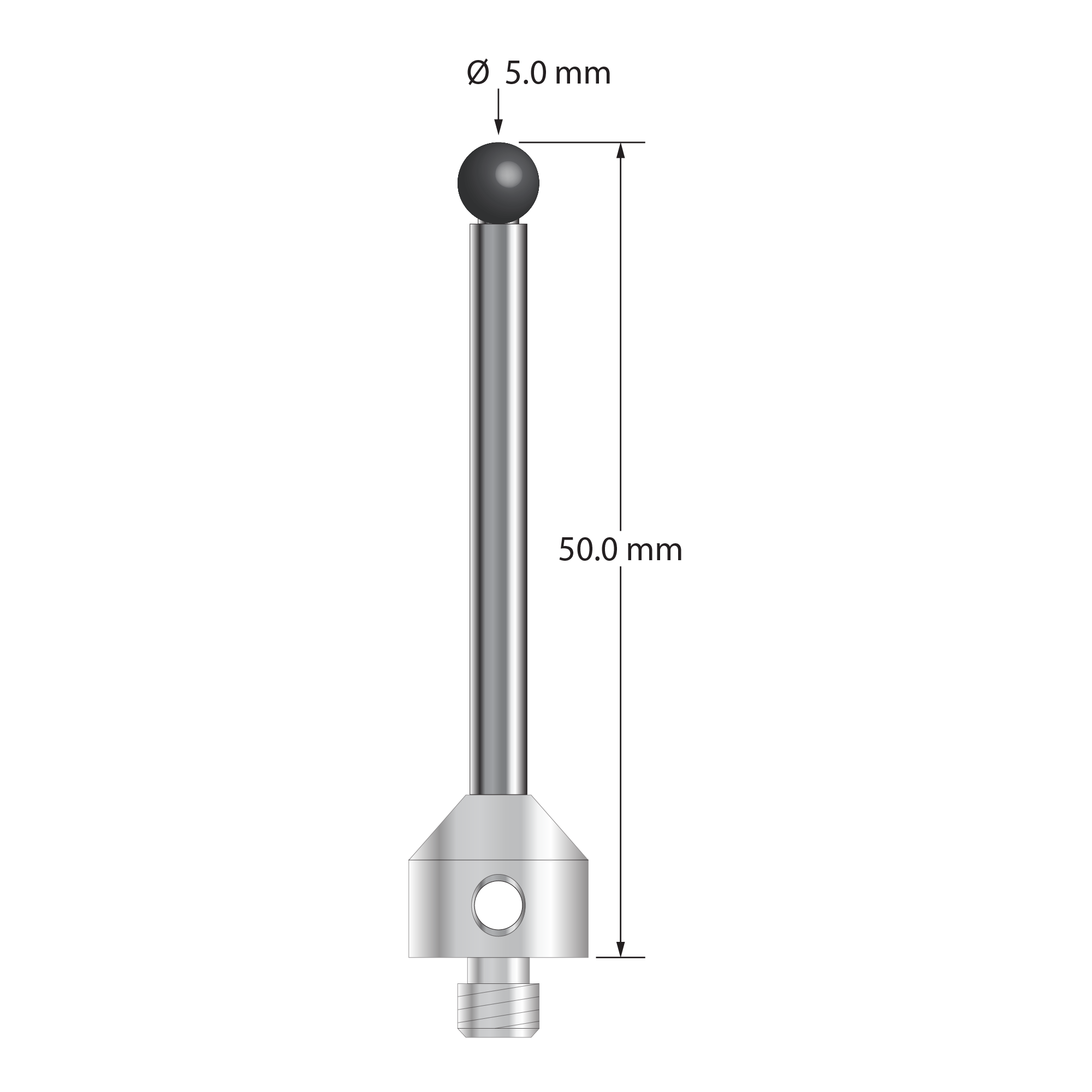 M5 stylus with 5.0 mm diameter silicon nitride ball, 3.5 mm diameter carbide stem, and 11.0 mm diameter x 10.0 mm long stainless steel base. Overall stylus length is 50.0 mm. Stylus weight is 11.18 grams. Compare to Zeiss 626115-0501-050 and Renishaw A-5555-3791.