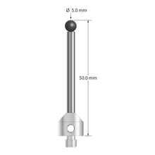 M5 stylus with 5.0 mm diameter silicon nitride ball, 3.5 mm diameter carbide stem, and 11.0 mm diameter x 10.0 mm long stainless steel base. Overall stylus length is 50.0 mm. Stylus weight is 11.18 grams. Compare to Zeiss 626115-0501-050 and Renishaw A-5555-3791.