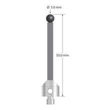 Low weight M5 stylus with 5.0 mm diameter silicon nitride ball, 3.5 mm diameter Therm-X carbon fiber stem, and 11.0 mm diameter x 10.0 mm long titanium base. Overall stylus length is 50.0 mm. Stylus weight is 3.99 grams. Compare to Zeiss 626105-0511-050.