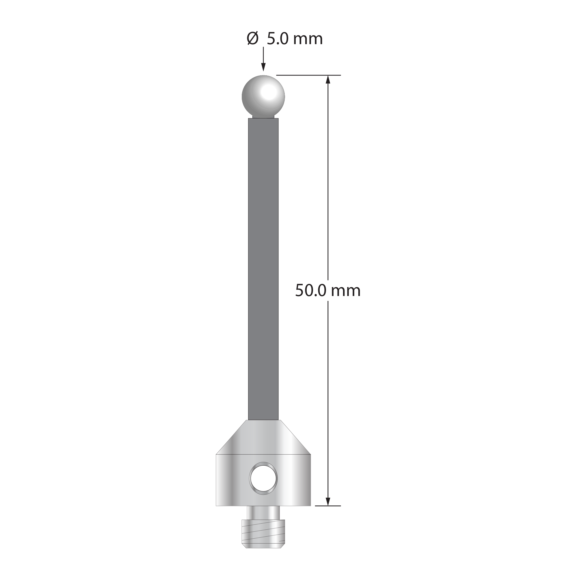 Low weight M5 stylus with 5.0 mm diameter zirconia ball, 3.5 mm diameter Therm-X carbon fiber stem, and 11.0 mm diameter x 10.0 mm long titanium base. Overall stylus length is 50.0 mm. Stylus weight is 3.99 grams.