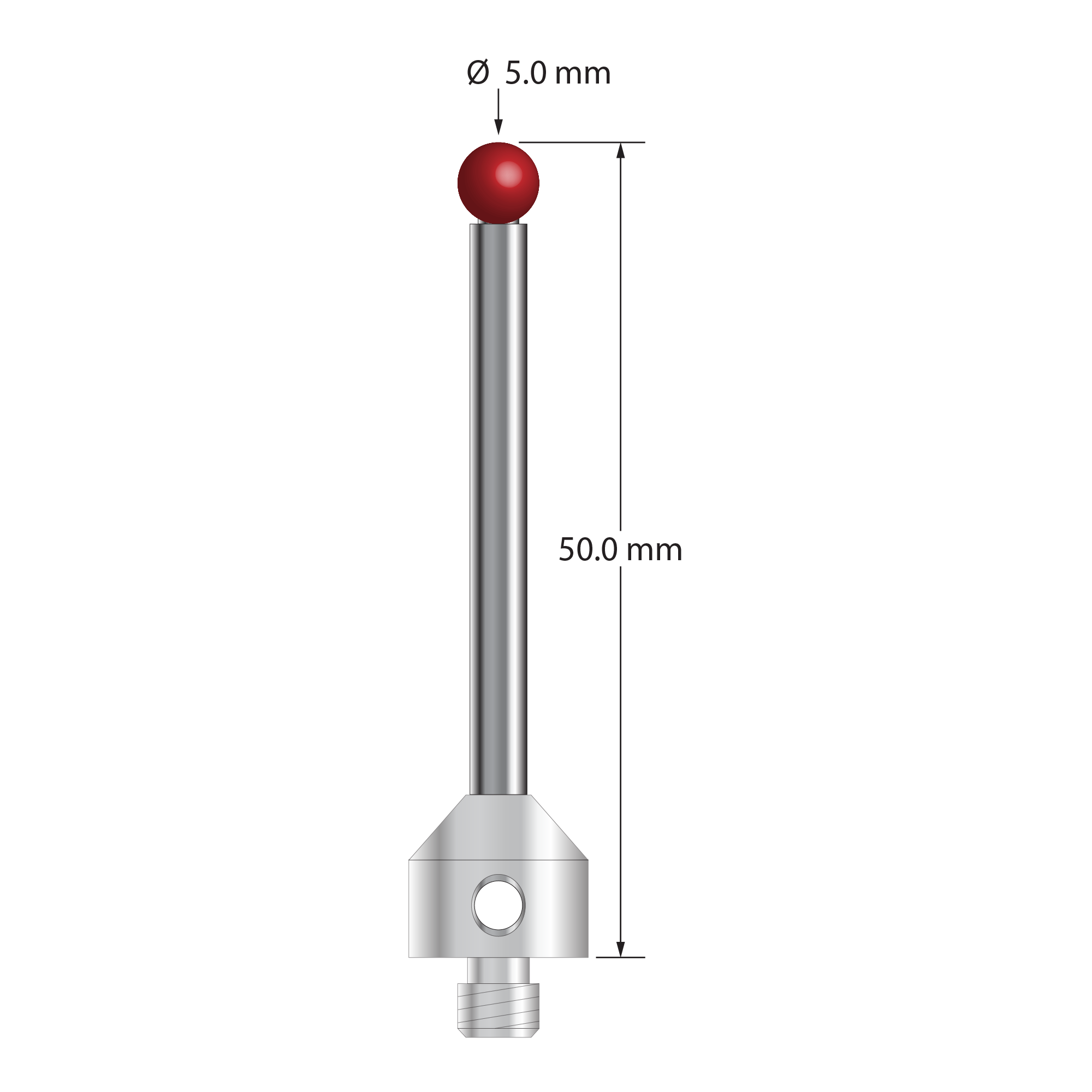 M5 stylus with 5.0 mm diameter ruby ball, 3.5 mm diameter carbide stem, and 11.0 mm diameter x 10.0 mm long stainless steel base. Overall stylus length is 50.0 mm. Stylus weight is 11.18 grams. Compare to Zeiss 602030-9013-000 and Renishaw A-5555-0024.