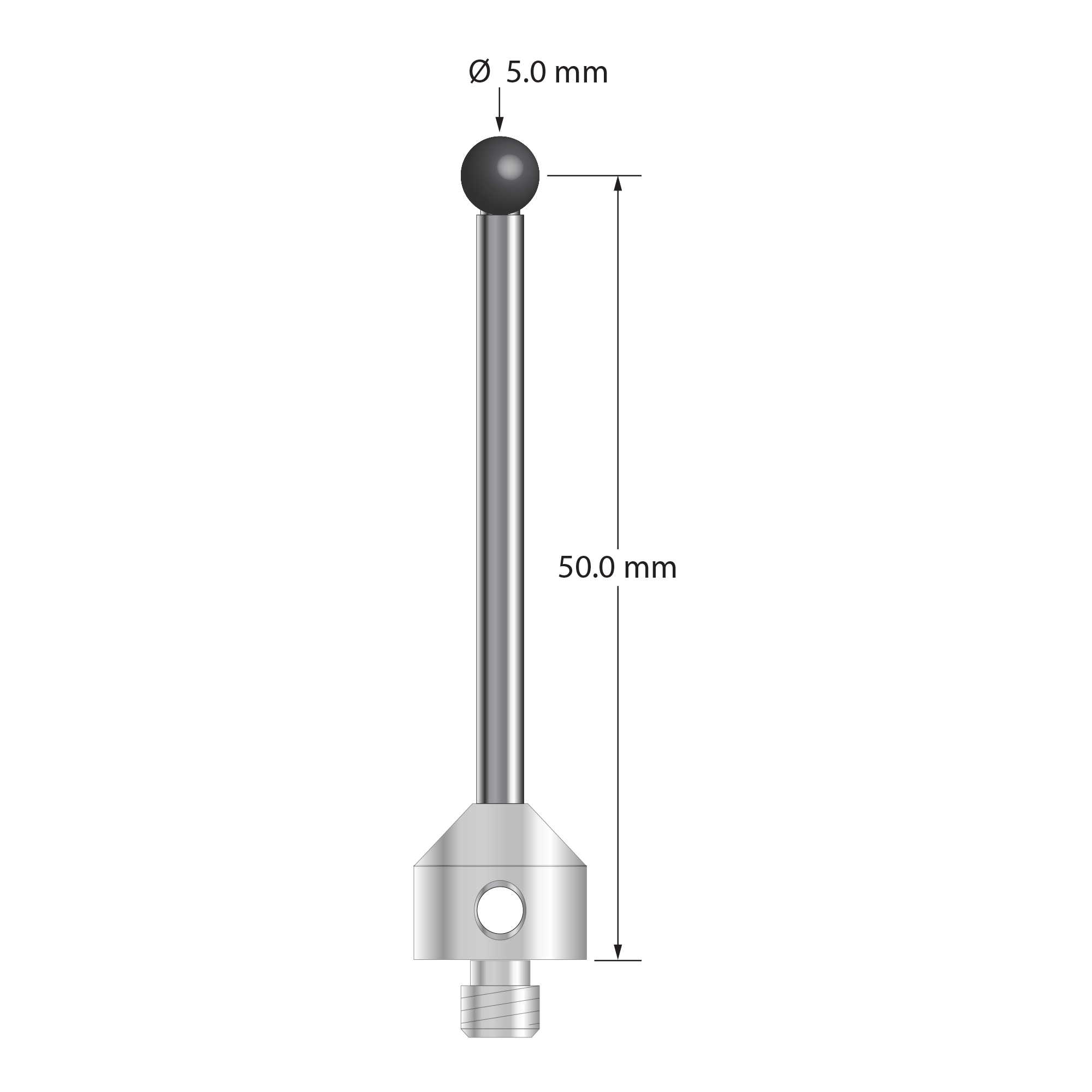 M5 stylus with 5.0 mm silicon nitride ball, 3.0 mm diameter carbide stem, and 11.0 mm diameter x 10.0 mm long stainless steel base. Stylus length to ball center is 50.0 mm. Stylus weight is 8.87 grams.