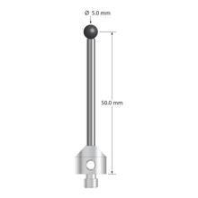 M5 stylus with 5.0 mm silicon nitride ball, 3.0 mm diameter carbide stem, and 11.0 mm diameter x 10.0 mm long stainless steel base. Stylus length to ball center is 50.0 mm. Stylus weight is 8.87 grams.