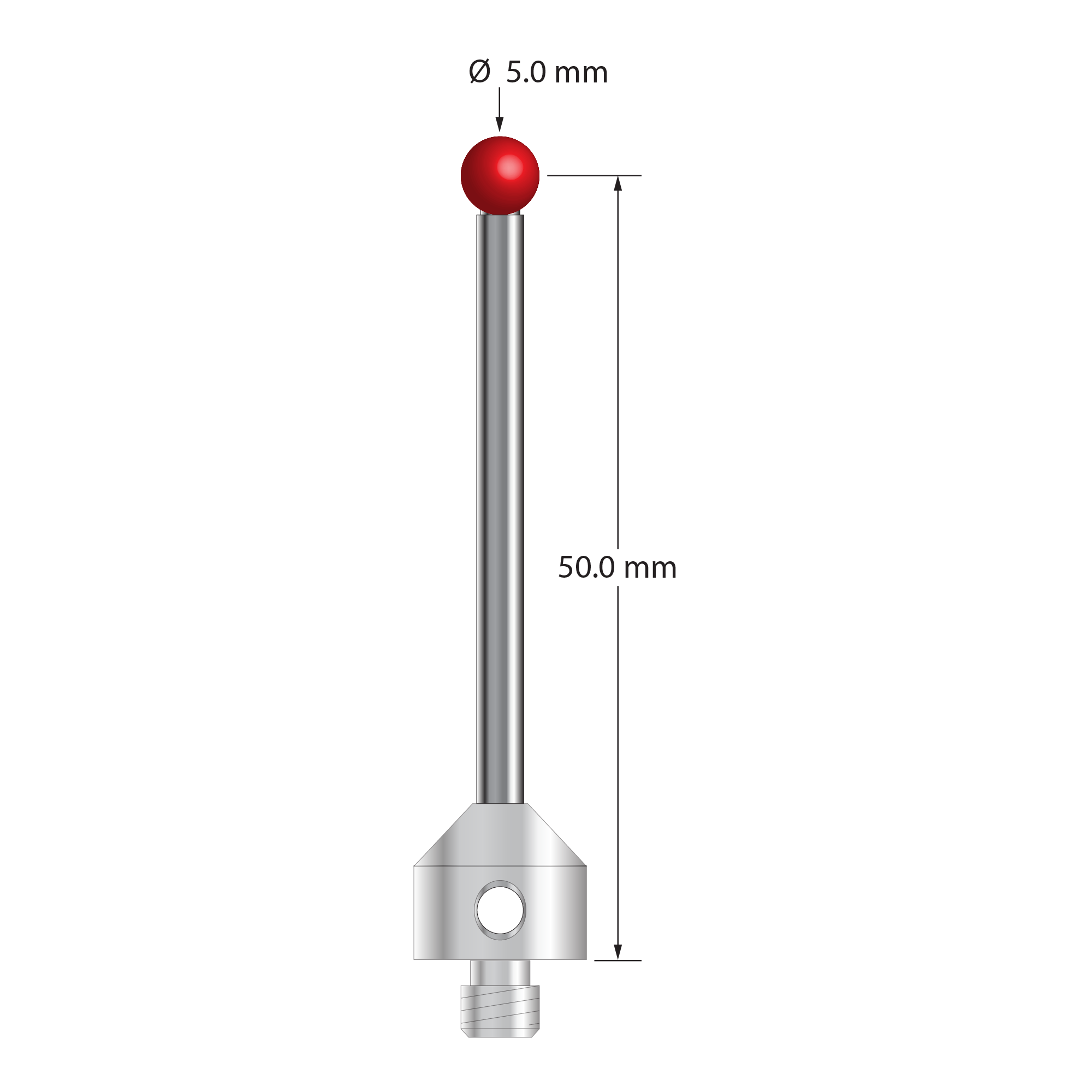 M5 stylus with 5.0 mm ruby ball, 3.0 mm diameter carbide stem, and 11.0 mm diameter x 10.0 mm long stainless steel base. Stylus length to ball center is 50.0 mm. Stylus weight is 8.87 grams. Compare to Renishaw A-5003-5236.