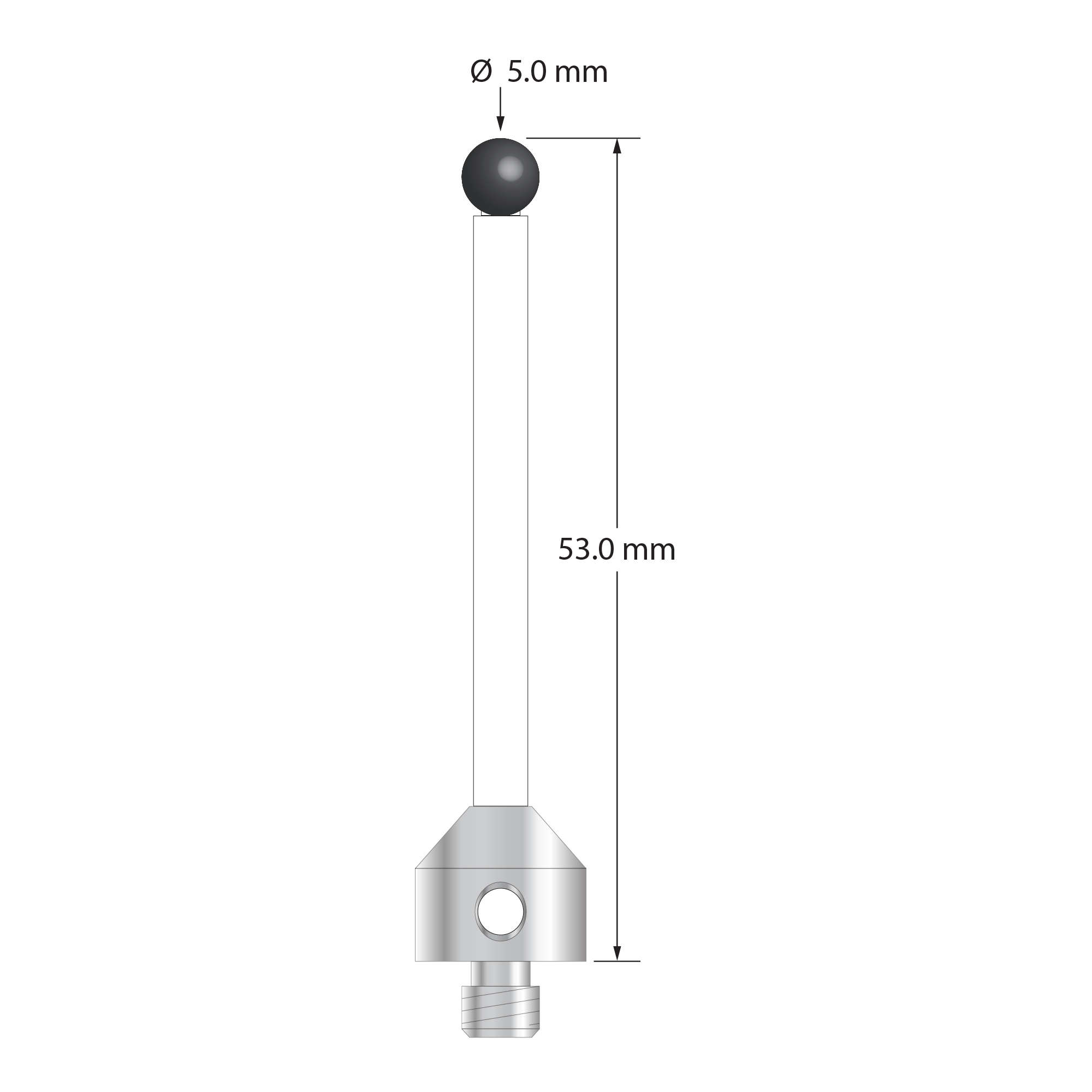M5 stylus with 5.0 mm diameter silicon nitride ball, 3.5 mm diameter ceramic stem, and 11.0 mm diameter x 10.0 mm long hard anodized aluminum base. Overall stylus length is 53.0 mm. Stylus weight is 3.38 grams.