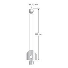 M5 stylus with 5.0 mm diameter zirconia ball, 3.5 mm diameter ceramic stem, and 11.0 mm diameter x 10.0 mm long hard anodized aluminum base. Overall stylus length is 53.0 mm. Stylus weight is 3.38 grams.